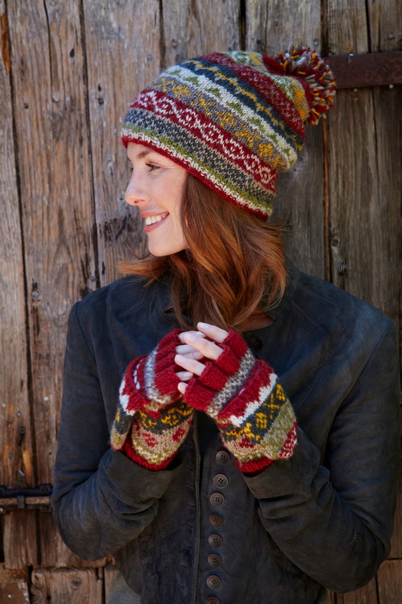 Women's Fair Isle Winter Knitted Hat - Knit Bobble Beanie - Traditional Fairisle beanie - 100% Wool - Ethical Clothing - Pachamama