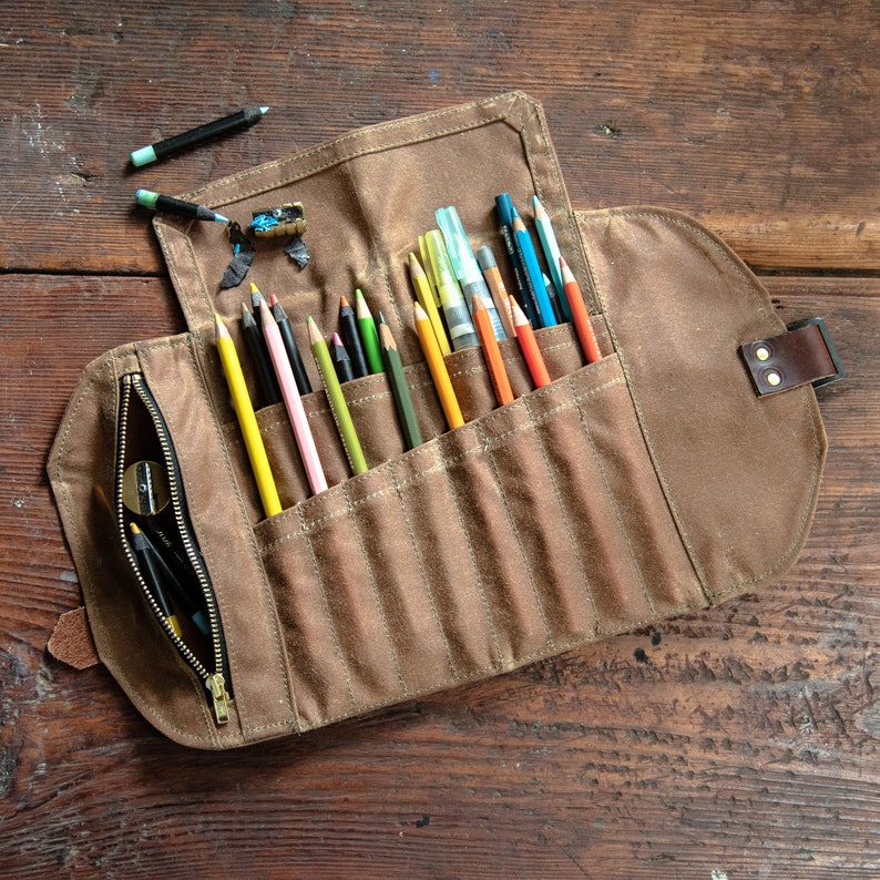 Roll Up Mini Pencil Case, Pen Roll, Waxed Canvas and Leather, 12 pockets + 1 zipper pouch by Peg and Awl | Mini Sendak Artist Roll