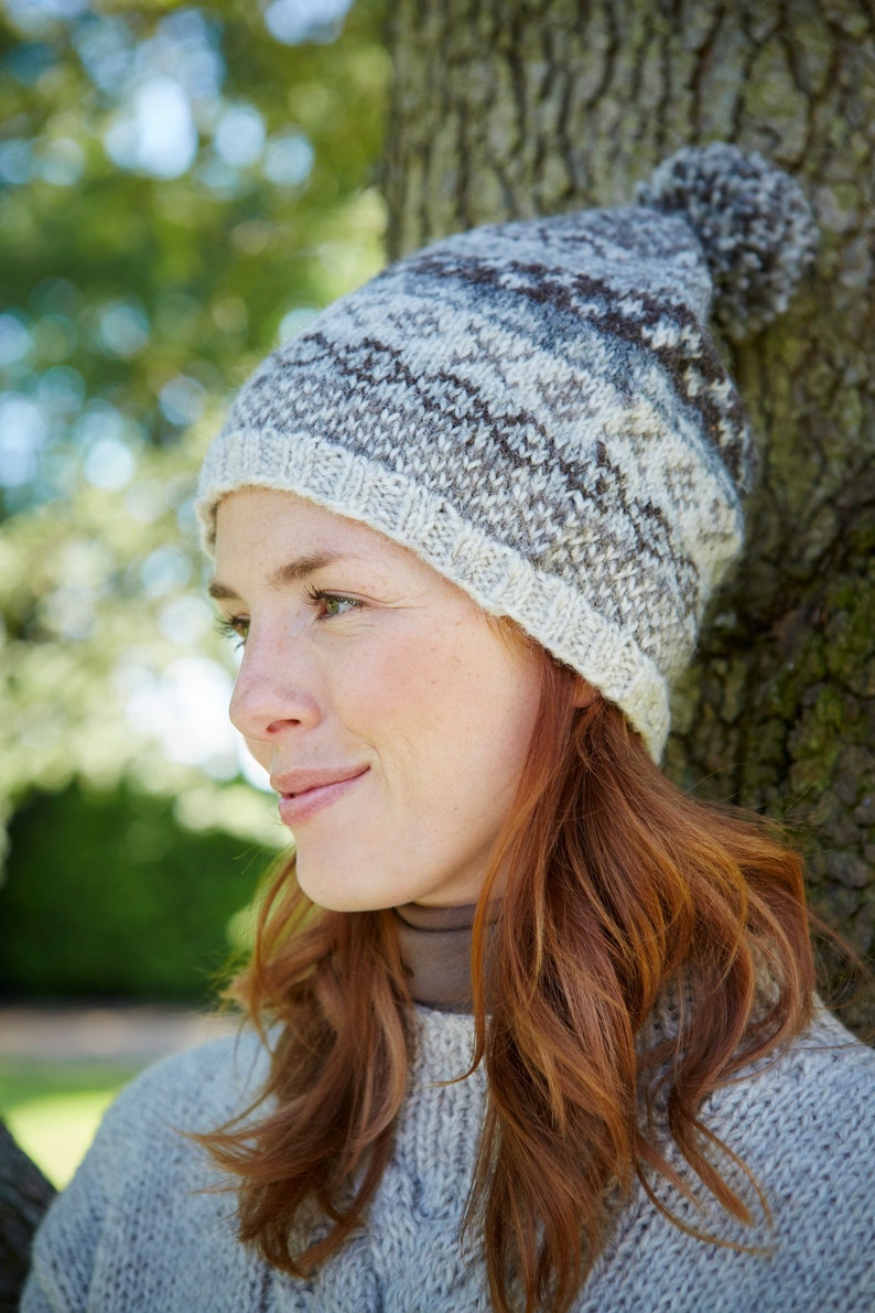 Women's Fair Isle Winter Knitted Hat - Knit Bobble Beanie - Traditional Fairisle beanie - 100% Wool - Ethical Clothing - Pachamama