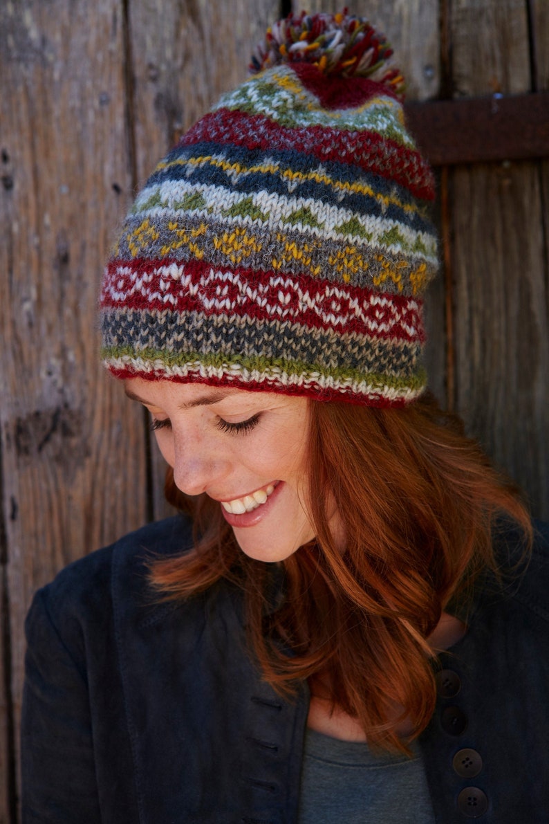 Women's Fair Isle Winter Knitted Hat - Knit Bobble Beanie - Traditional Fairisle beanie - 100% Wool - Ethical Clothing - Pachamama