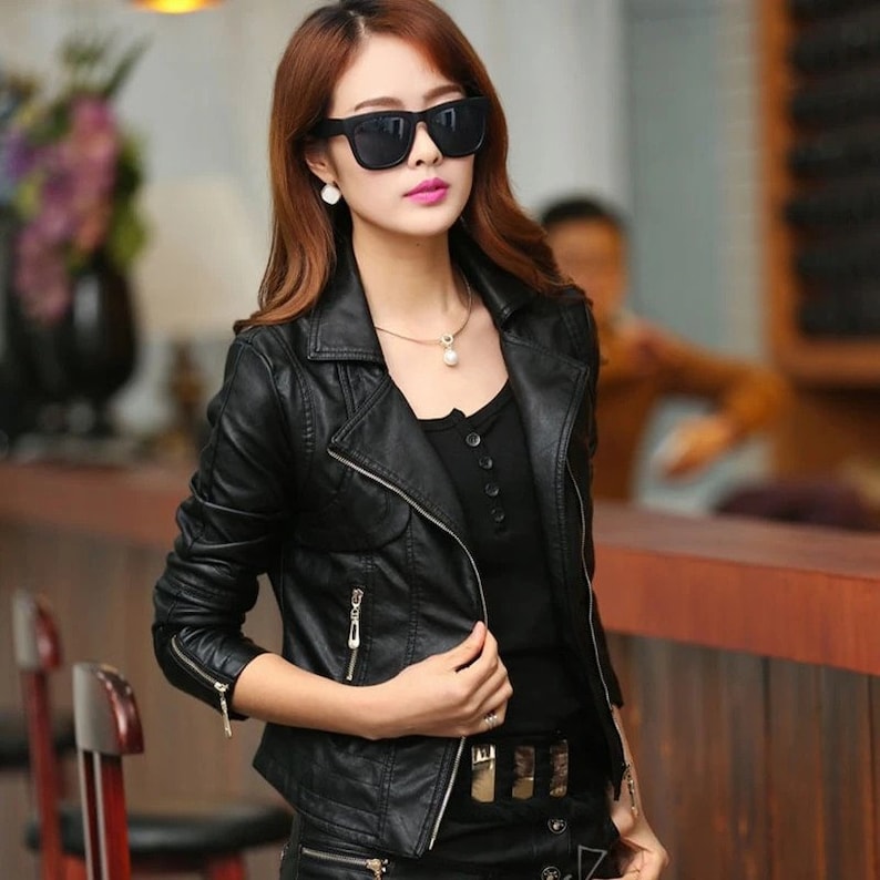 Women's & Girl's 100% Genuine High Quality Lambskin Leather Motor Biker Jacket Slim Fit Long Sleeves