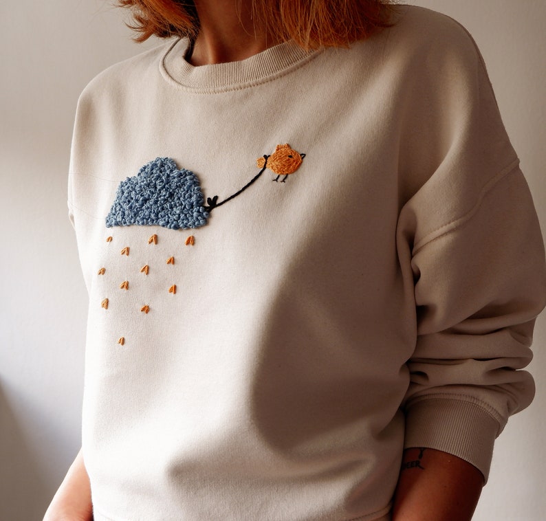 Hand Embroidered Sweatshirt. Bird Hand Embroidery. Organic Cotton Top