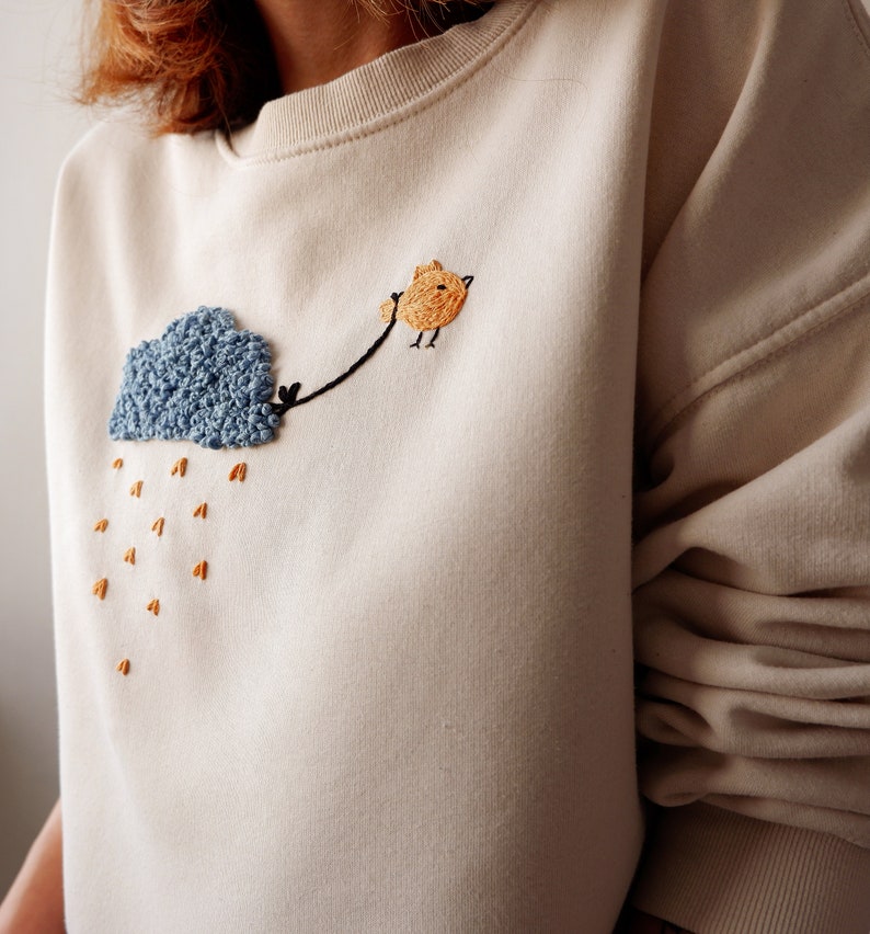 Hand Embroidered Sweatshirt. Bird Hand Embroidery. Organic Cotton Top