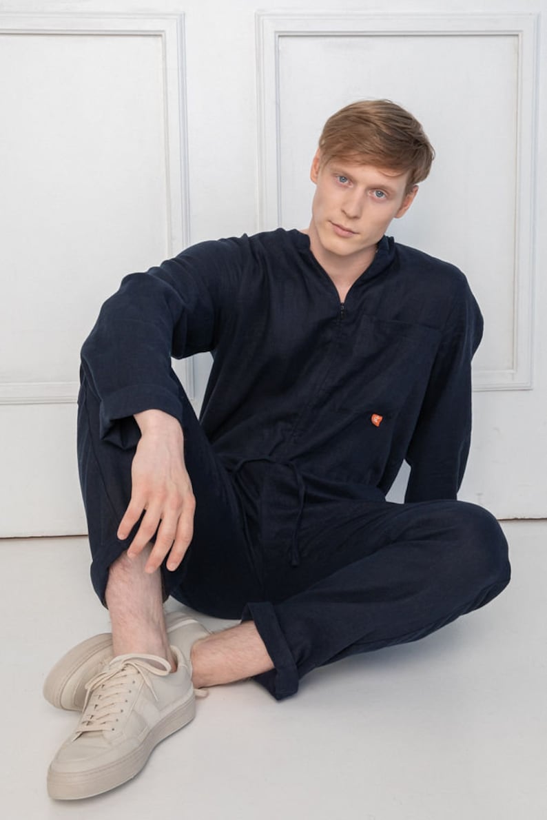 Natural dark blue linen unisex adult overall, men jumpsuits, organic and sustainable overall, festival clothing, summer onepiece