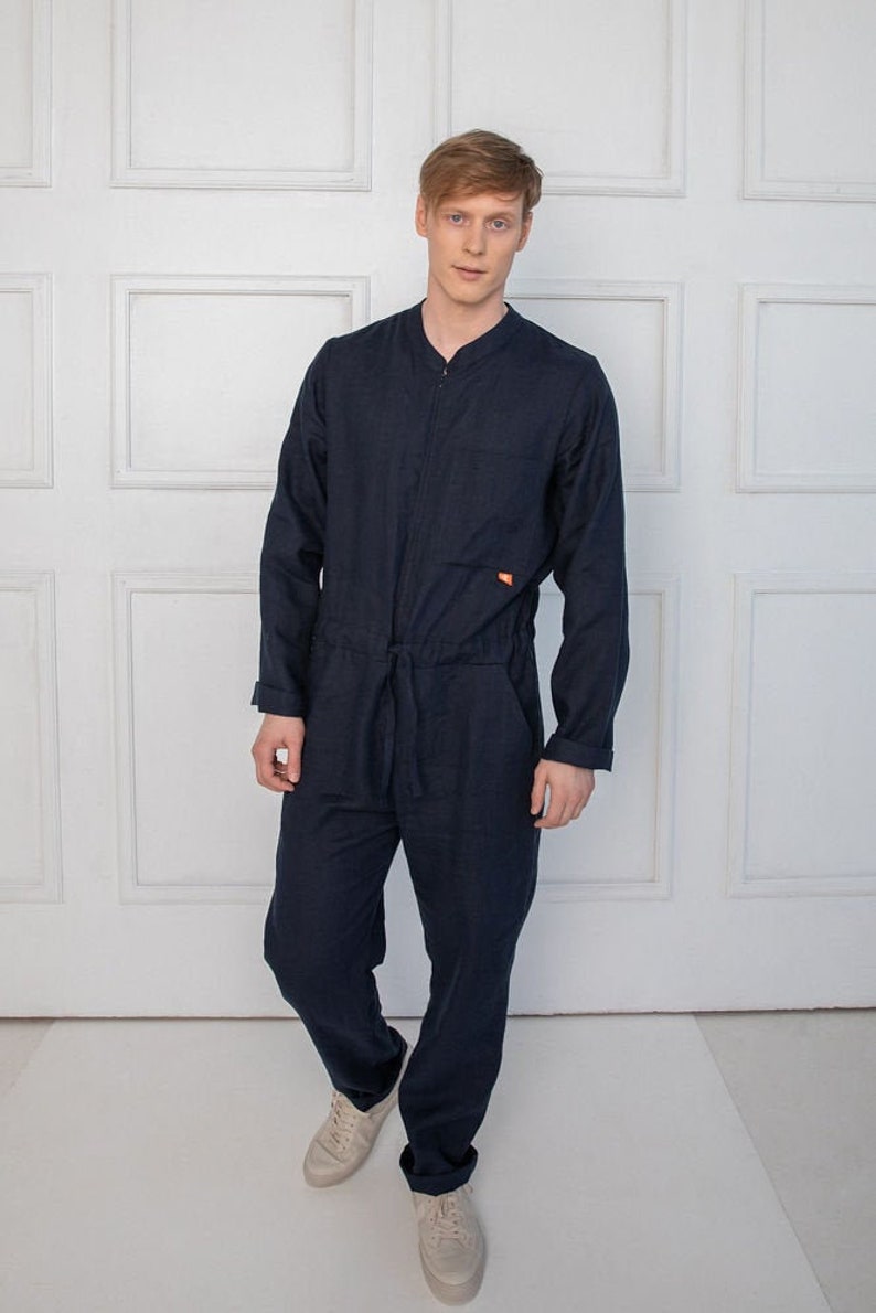 Natural dark blue linen unisex adult overall, men jumpsuits, organic and sustainable overall, festival clothing, summer onepiece