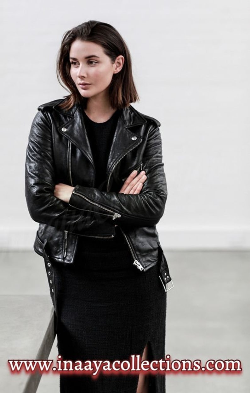 Woman black leather jacket made with 100% original lambskin leather