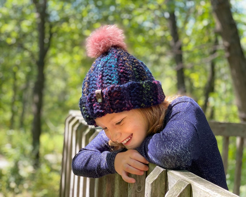 Marie chunky ribbed child and toddler sized beanie hat - multiple hat and pom pom colors available