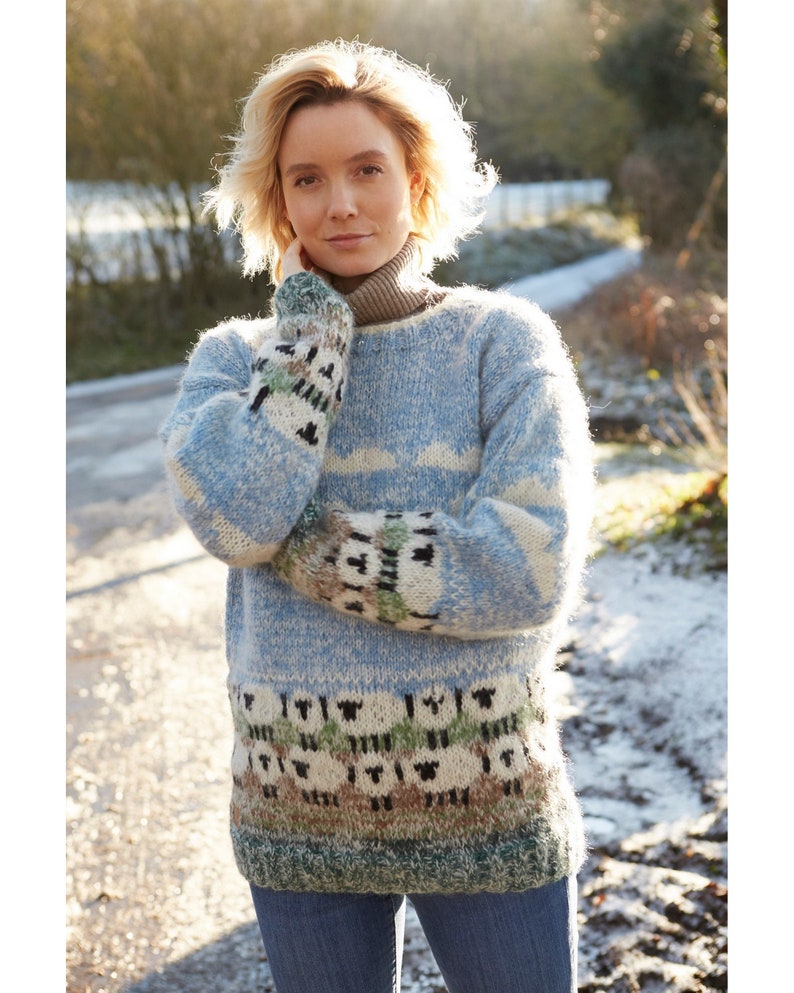 Women's Cosy Sheep Jumper - Knitted Sheep Sweater - 100% Wool & Mohair - Ethical Clothing - Pastel Blue - Oversized Cozy Sweater - Pachamama