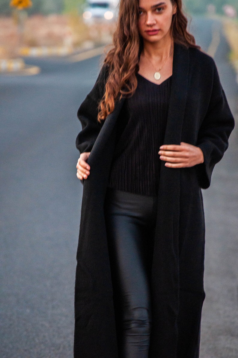 Cashmere Wool Long Sleeve Soft Sweater / Black Wide Sleeve Long Cardigan