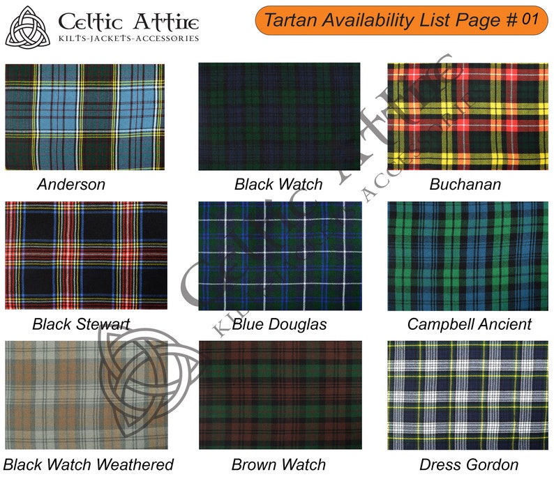 Scottish 8 Yard Tartan Kilt with Detachable Pockets - 16 Oz Acrylic - Handmade - Custom Size - 40 Colors