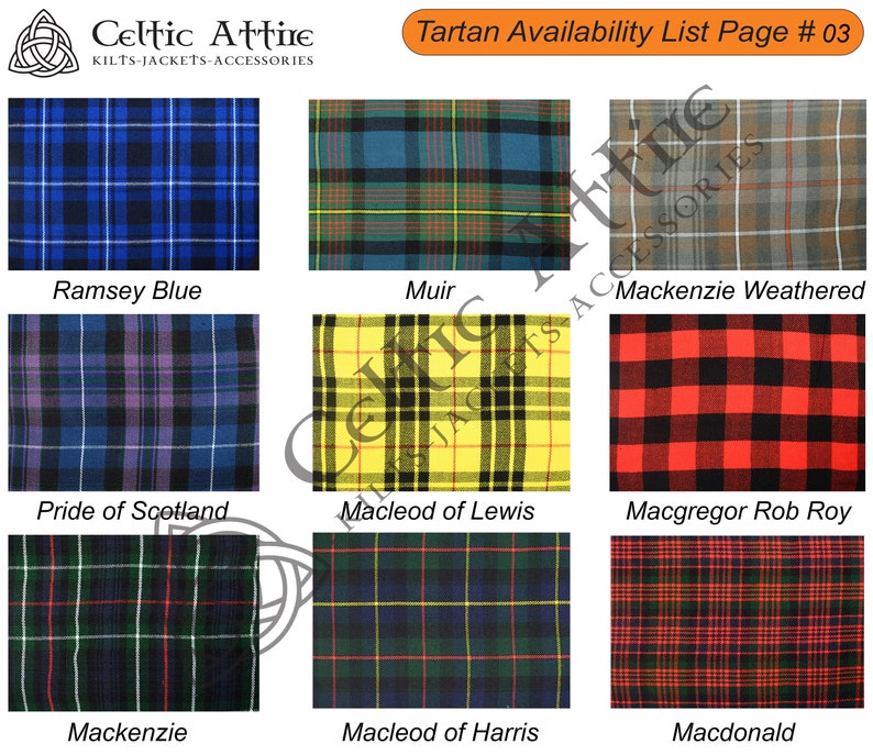 Scottish 8 Yard Tartan Kilt with Detachable Pockets - 16 Oz Acrylic - Handmade - Custom Size - 40 Colors