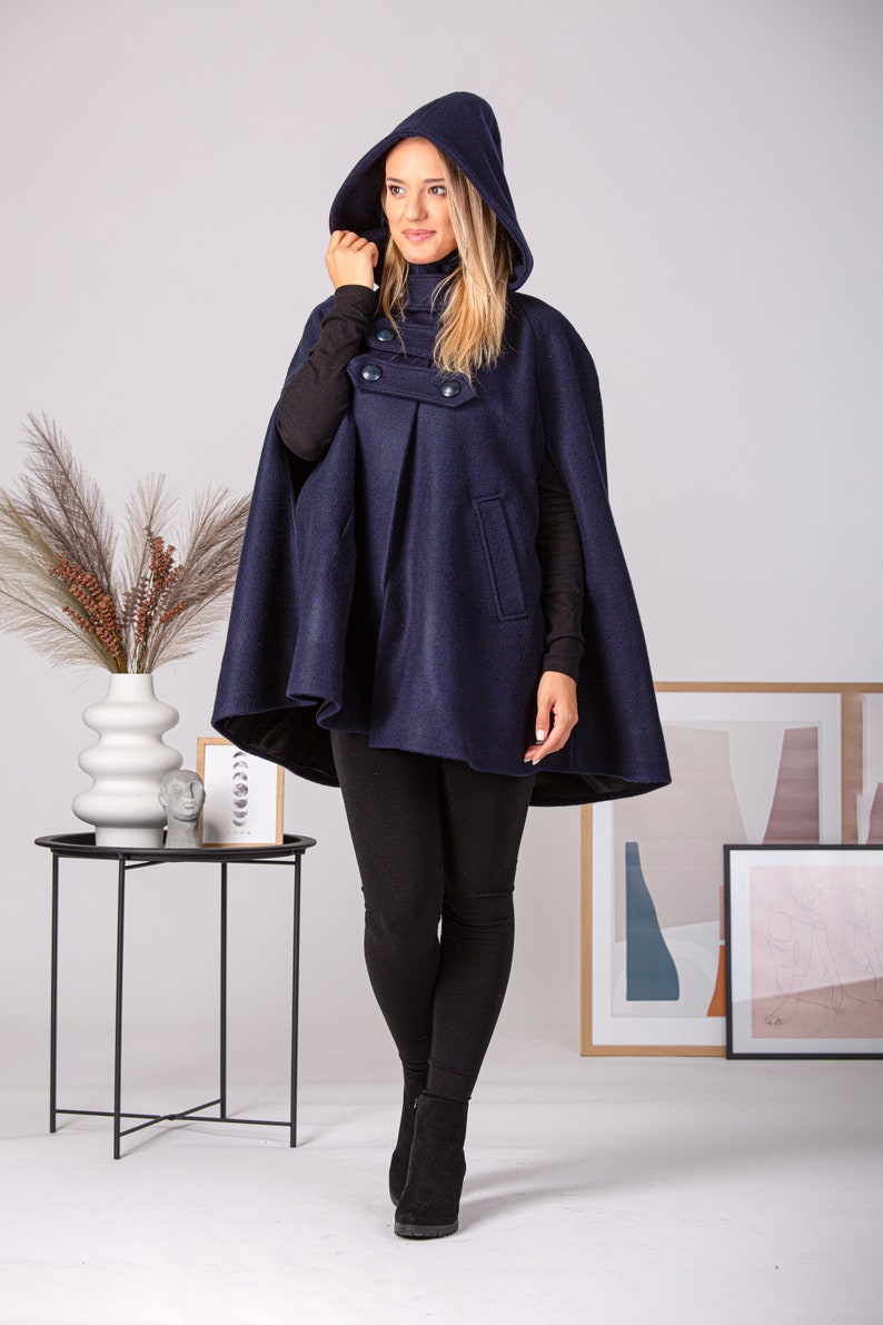 Wool Cape Coat with Hood, Hooded Winter Cloak, Plus Size Clothing, Short Cape Cloak, Poncho Jacket, Elegant Petite Cape, Buttons Swing Coat