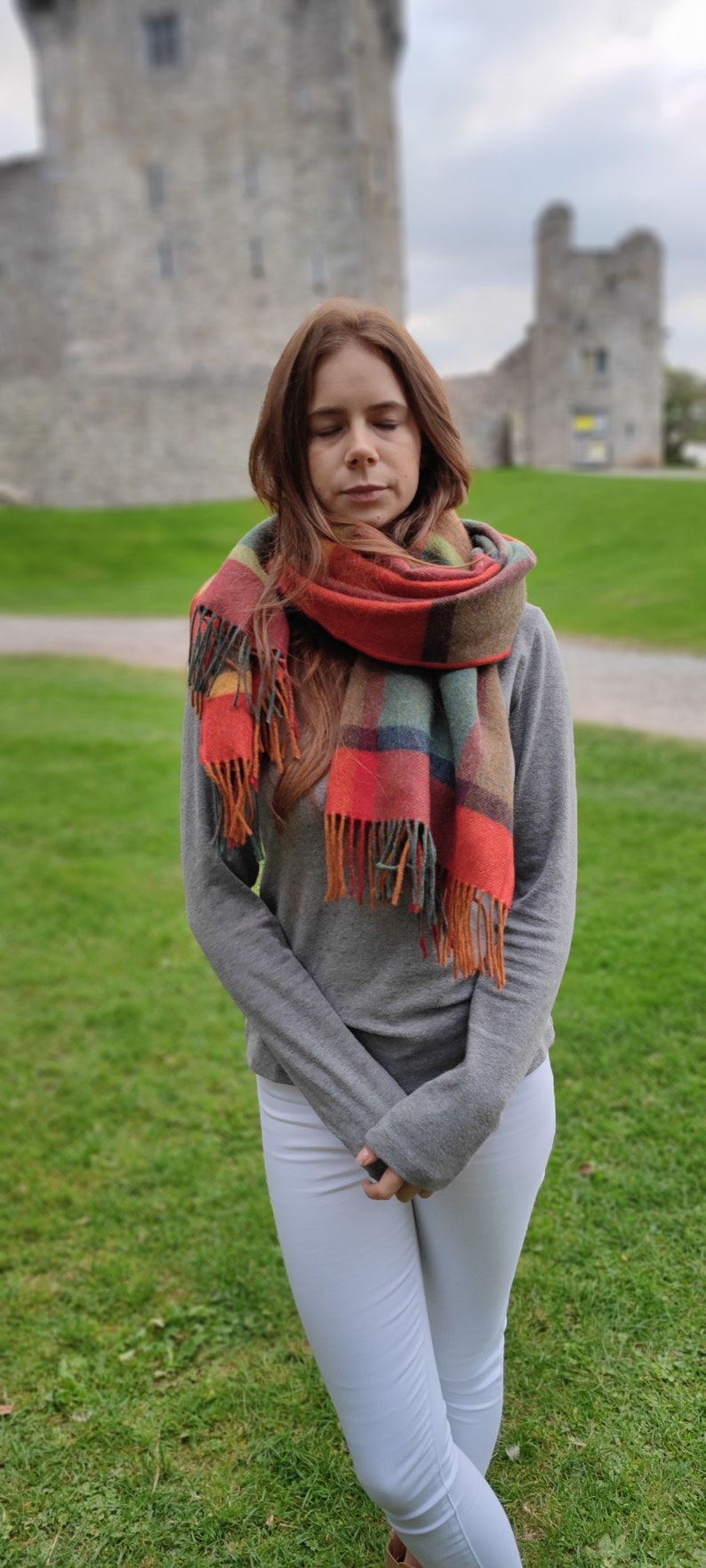 Irish Soft Lambswool Shawl, Blanket Scarf, Stole - Orange/Green/Yellow/Wine Check - 100% Wool - 71"X20"(180cm x 50cm) - HANDMADE IN IRELAND