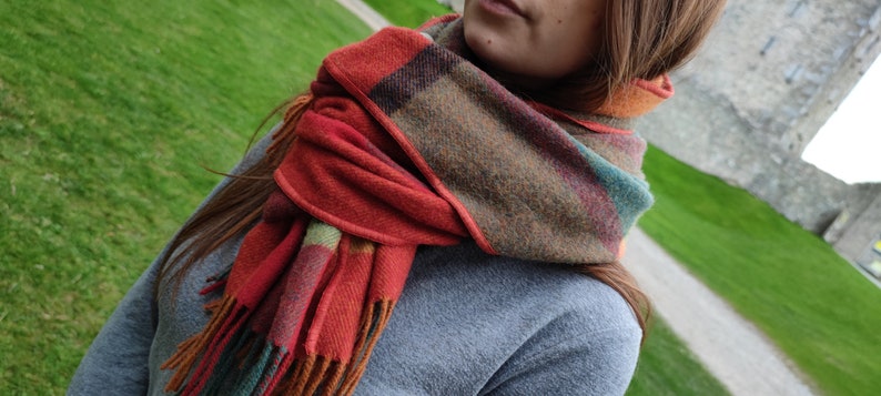 Irish Soft Lambswool Shawl, Blanket Scarf, Stole - Orange/Green/Yellow/Wine Check - 100% Wool - 71"X20"(180cm x 50cm) - HANDMADE IN IRELAND