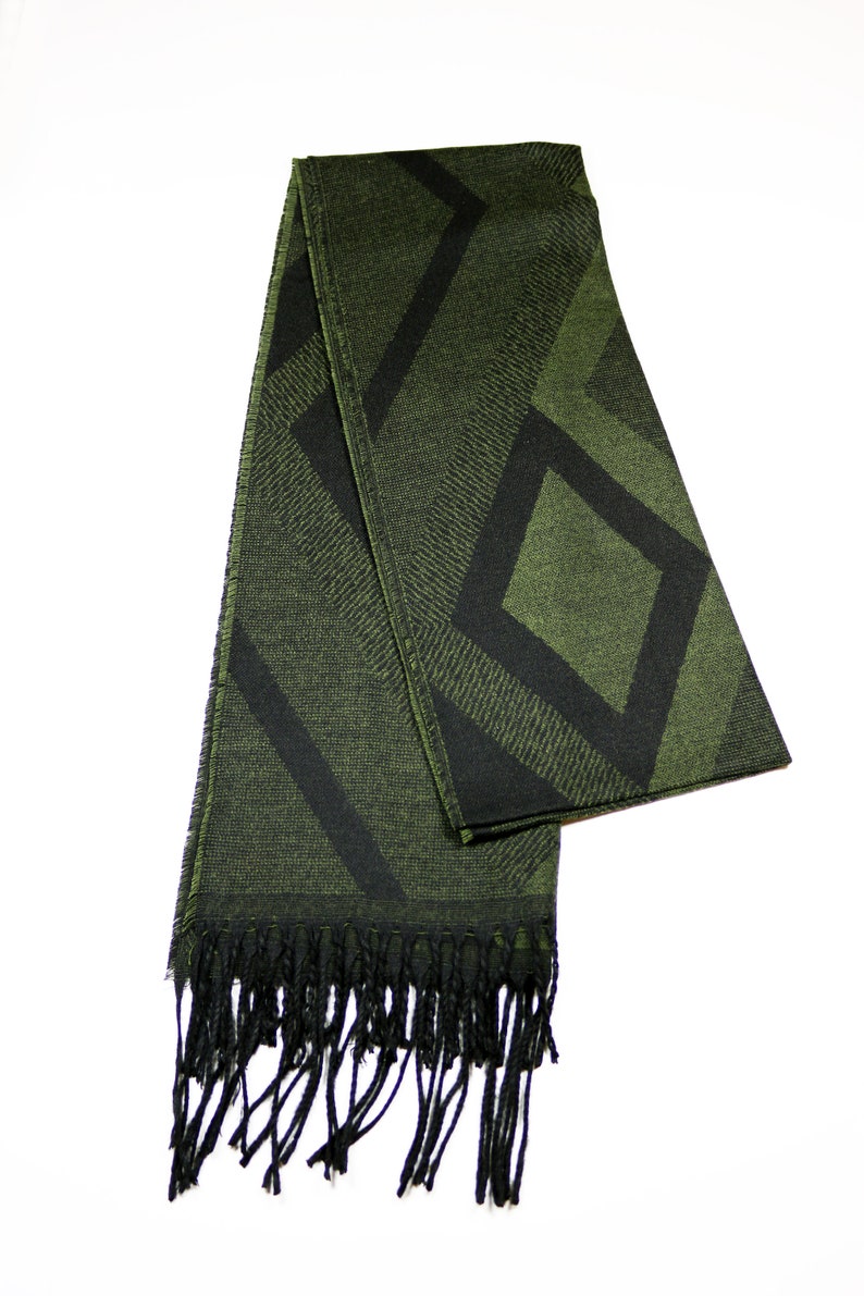 Dark Green Geometric Pattern Wool Men Scarf, Suit Scarf, Scarves for Men, Winter Scarf, Wool Fabric Scarf, Birthday Gift, Christmas Gift