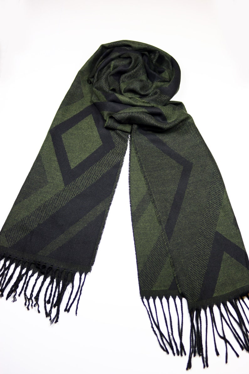 Dark Green Geometric Pattern Wool Men Scarf, Suit Scarf, Scarves for Men, Winter Scarf, Wool Fabric Scarf, Birthday Gift, Christmas Gift