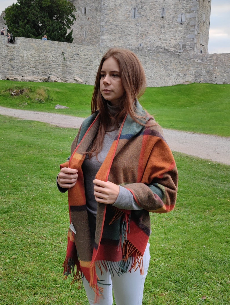 Irish Soft Lambswool Shawl, Blanket Scarf, Stole - Orange/Green/Yellow/Wine Check - 100% Wool - 71"X20"(180cm x 50cm) - HANDMADE IN IRELAND