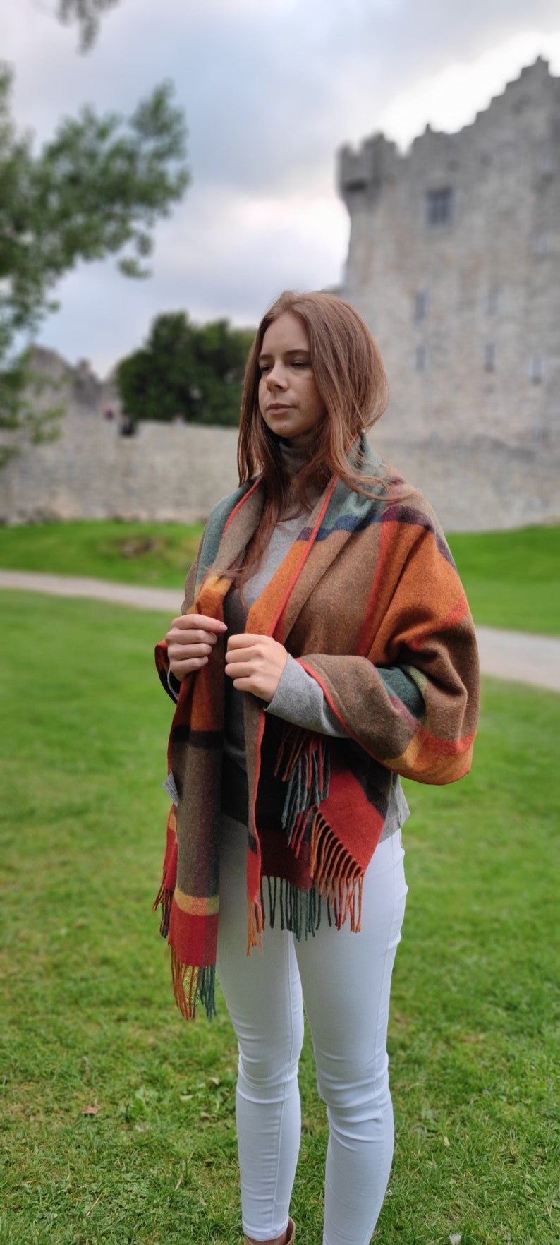 Irish Soft Lambswool Shawl, Blanket Scarf, Stole - Orange/Green/Yellow/Wine Check - 100% Wool - 71"X20"(180cm x 50cm) - HANDMADE IN IRELAND