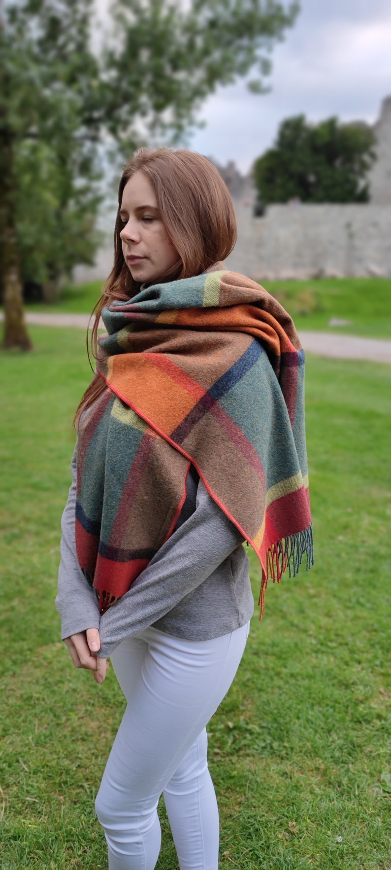 Irish Soft Lambswool Shawl, Blanket Scarf, Stole - Orange/Green/Yellow/Wine Check - 100% Wool - 71"X20"(180cm x 50cm) - HANDMADE IN IRELAND