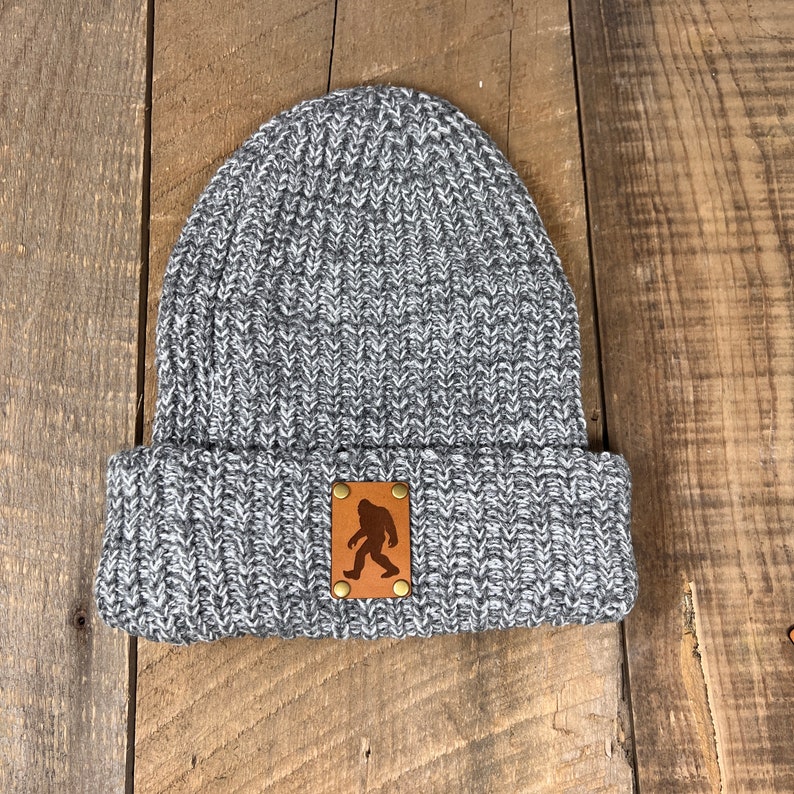 Bigfoot Hat | Sasquatch Hat | Leather Patch Hat | Hunters Gift | Gift For Mom | Bigfoot Hunter | Knitted Hat | Slouch Beanie