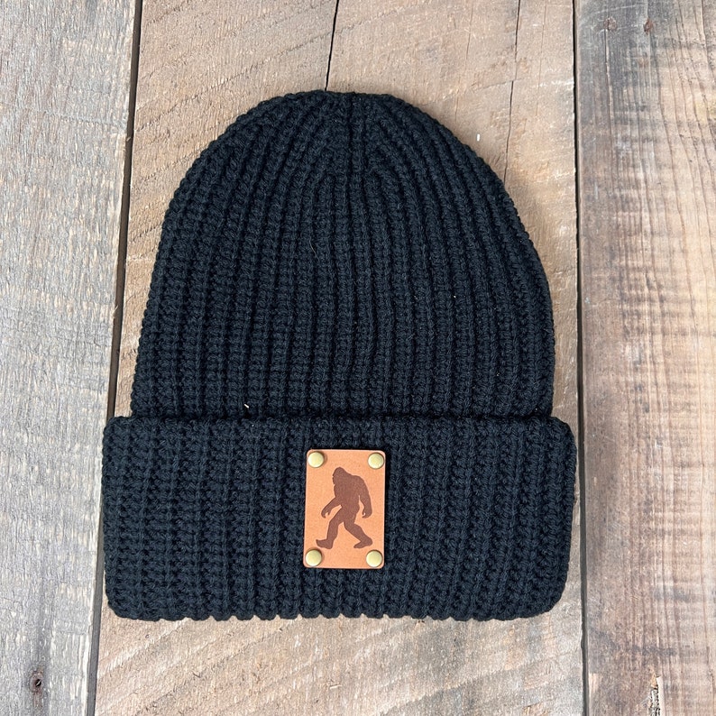 Bigfoot Hat | Sasquatch Hat | Leather Patch Hat | Hunters Gift | Gift For Mom | Bigfoot Hunter | Knitted Hat | Slouch Beanie