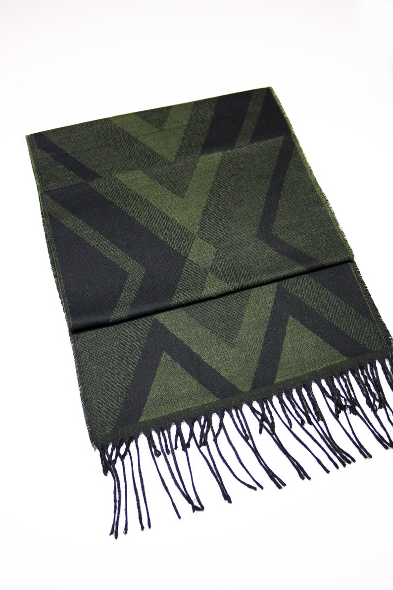 Dark Green Geometric Pattern Wool Men Scarf, Suit Scarf, Scarves for Men, Winter Scarf, Wool Fabric Scarf, Birthday Gift, Christmas Gift