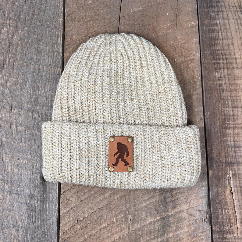 Bigfoot Hat | Sasquatch Hat | Leather Patch Hat | Hunters Gift | Gift For Mom | Bigfoot Hunter | Knitted Hat | Slouch Beanie