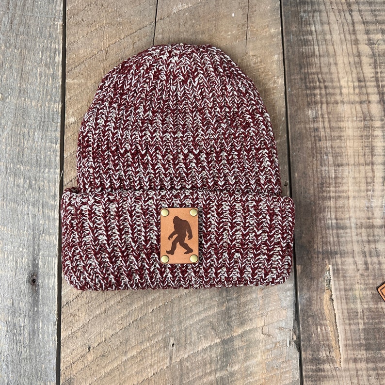 Bigfoot Hat | Sasquatch Hat | Leather Patch Hat | Hunters Gift | Gift For Mom | Bigfoot Hunter | Knitted Hat | Slouch Beanie