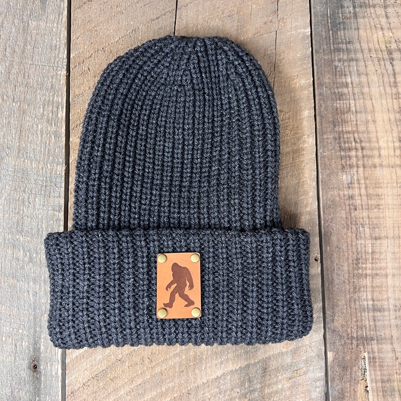 Bigfoot Hat | Sasquatch Hat | Leather Patch Hat | Hunters Gift | Gift For Mom | Bigfoot Hunter | Knitted Hat | Slouch Beanie