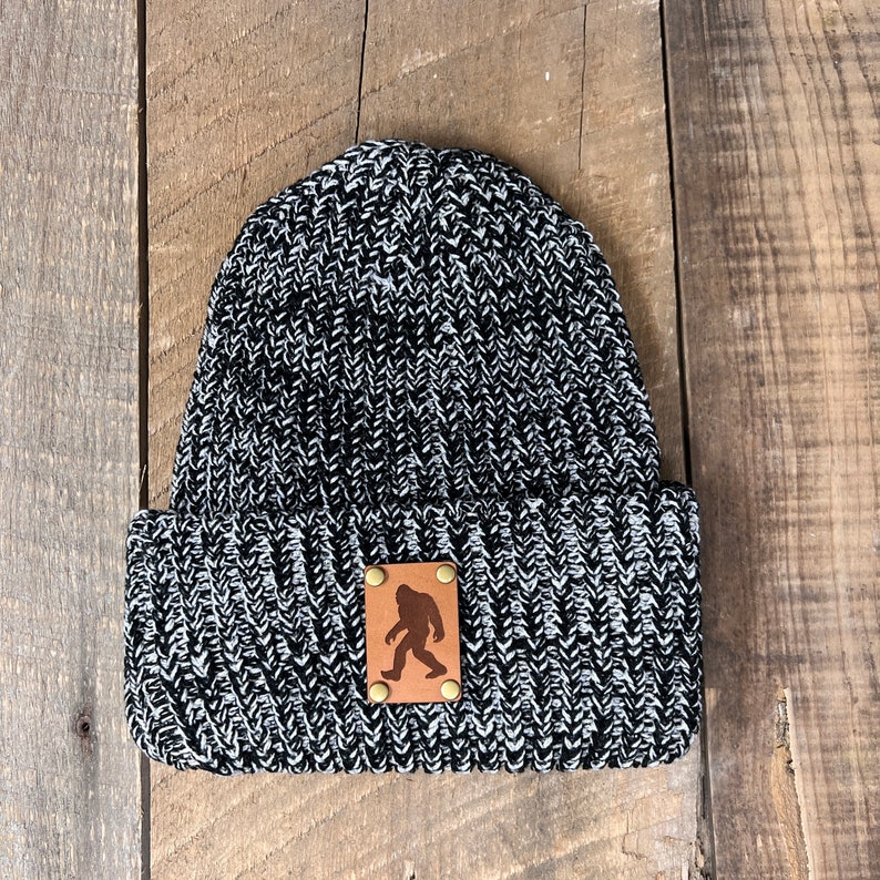 Bigfoot Hat | Sasquatch Hat | Leather Patch Hat | Hunters Gift | Gift For Mom | Bigfoot Hunter | Knitted Hat | Slouch Beanie