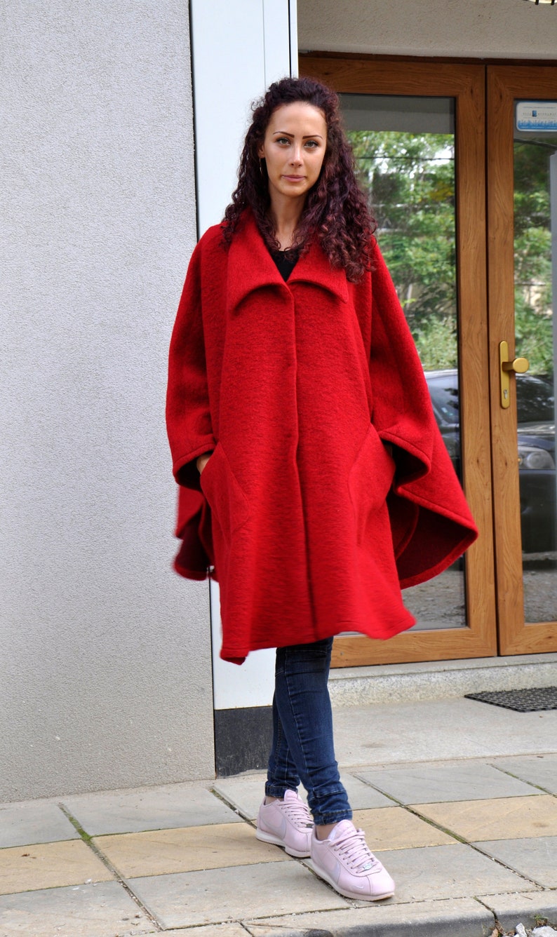 Womens Red Cape Coat, Winter Poncho, Cottage Core Coat, Swing Coat, Outerwear Clothing, Plus Size Coat, Batwing Coat, Plus Size Clothing