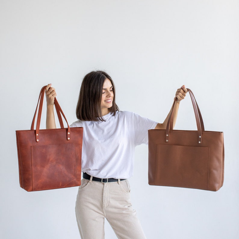 Leather Tote Bag with Optional Zipper Pocket Crossbody Strap | Handmade Large Totes | Leather Shoulder Bag | Women's Leather Crossbody Tote