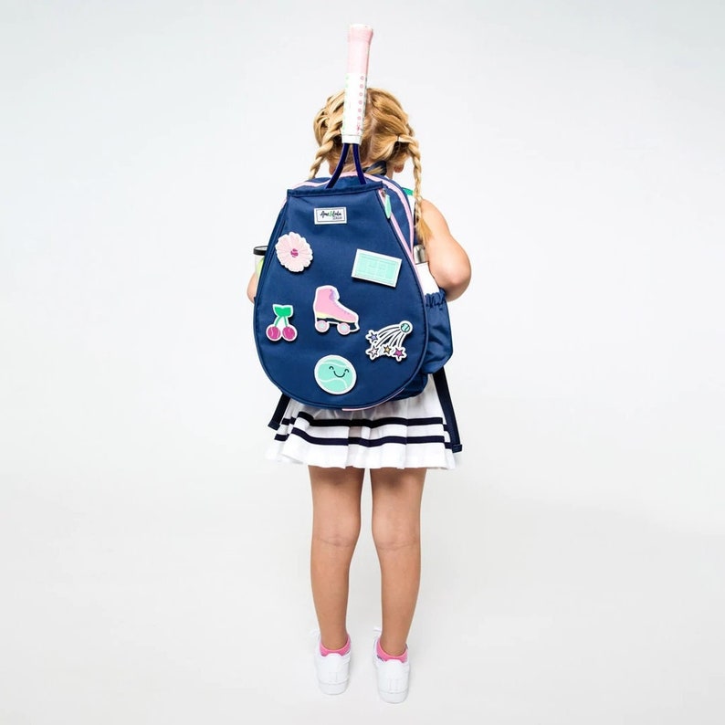 LITTLE PATCHES BACKPACK - Retro Vibes Tennis Backpack by Ame & Lulu - Monogrammed Tennis Racquet Bag for Girls Ages 4 - 8 Years