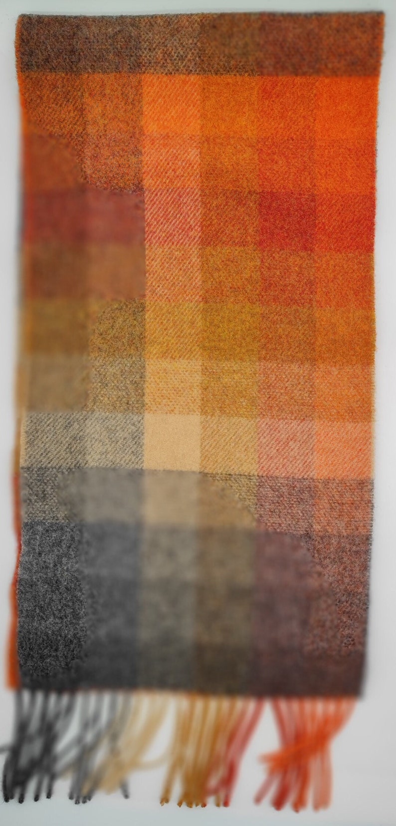 Irish Soft Lambswool Scarf - 100% Pure New Wool- Orange/Grey/Yellow Shadow Block Check -Unisex- 10" X 78" (25cmX200cm)- HANDMADE IN IRELAND