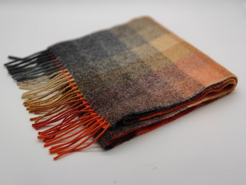 Irish Soft Lambswool Scarf - 100% Pure New Wool- Orange/Grey/Yellow Shadow Block Check -Unisex- 10" X 78" (25cmX200cm)- HANDMADE IN IRELAND