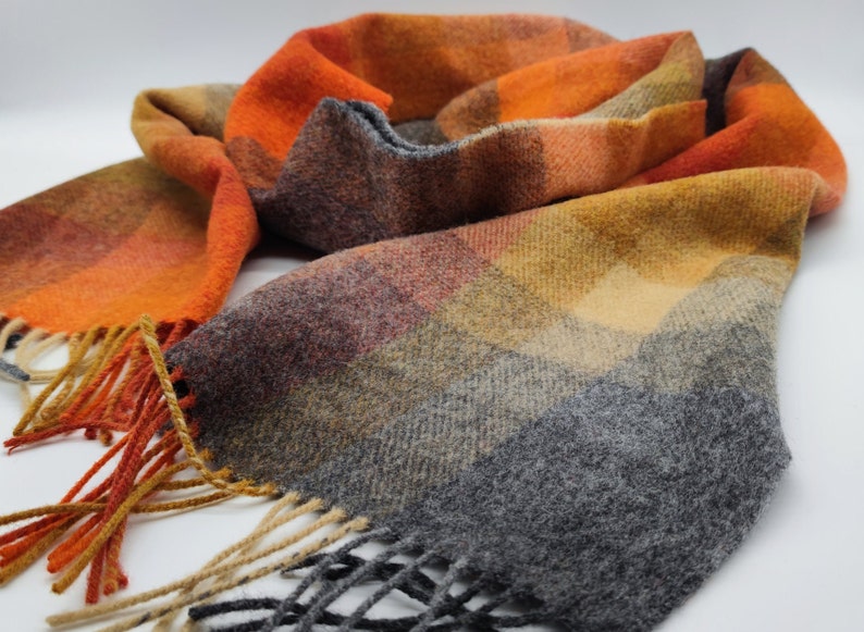 Irish Soft Lambswool Scarf - 100% Pure New Wool- Orange/Grey/Yellow Shadow Block Check -Unisex- 10" X 78" (25cmX200cm)- HANDMADE IN IRELAND