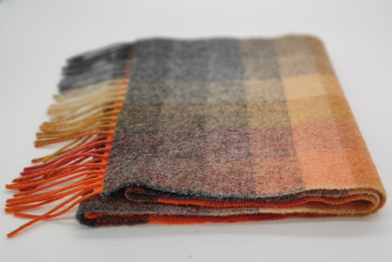 Irish Soft Lambswool Scarf - 100% Pure New Wool- Orange/Grey/Yellow Shadow Block Check -Unisex- 10" X 78" (25cmX200cm)- HANDMADE IN IRELAND