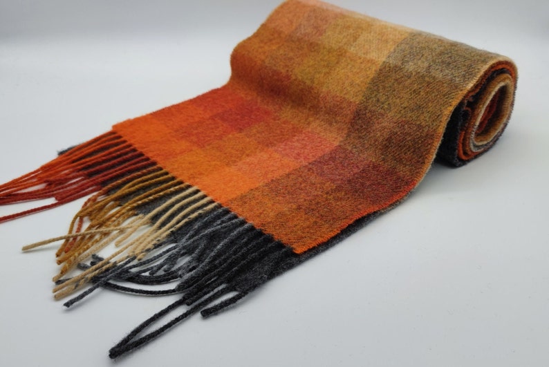 Irish Soft Lambswool Scarf - 100% Pure New Wool- Orange/Grey/Yellow Shadow Block Check -Unisex- 10" X 78" (25cmX200cm)- HANDMADE IN IRELAND