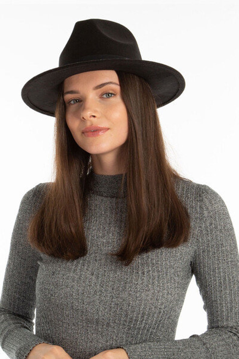 Black Fedora Hat, Vegan Felt Stiff Brim Hat, Men Winter Hat, Stiff Fedora Hat, Women Wide Brim Hat, Flat Brim, Bridesmaid / Groomsman Hat