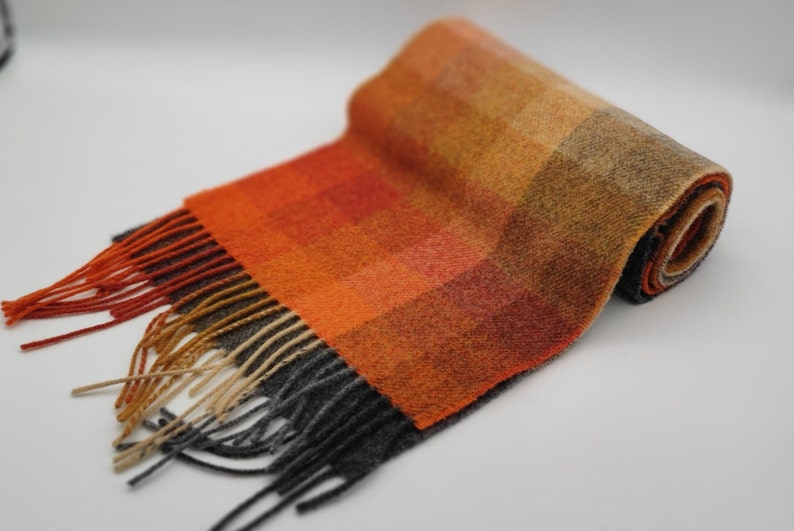 Irish Soft Lambswool Scarf - 100% Pure New Wool- Orange/Grey/Yellow Shadow Block Check -Unisex- 10" X 78" (25cmX200cm)- HANDMADE IN IRELAND