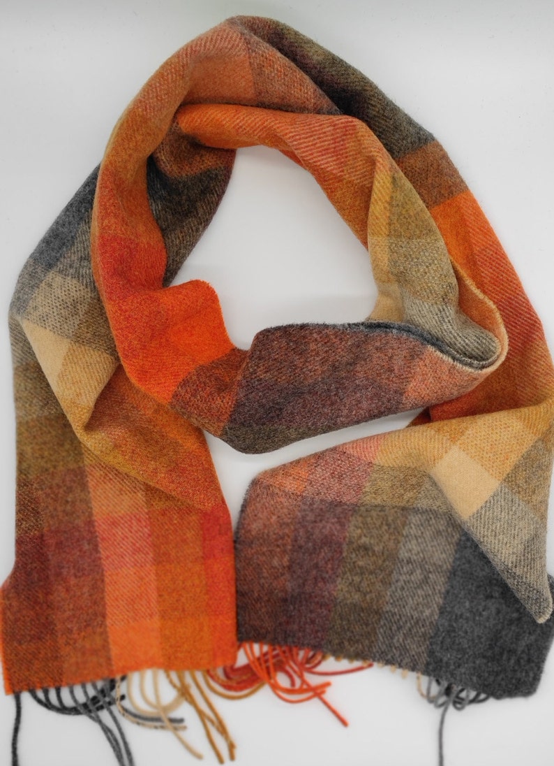 Irish Soft Lambswool Scarf - 100% Pure New Wool- Orange/Grey/Yellow Shadow Block Check -Unisex- 10" X 78" (25cmX200cm)- HANDMADE IN IRELAND