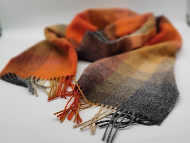 Irish Soft Lambswool Scarf - 100% Pure New Wool- Orange/Grey/Yellow Shadow Block Check -Unisex- 10" X 78" (25cmX200cm)- HANDMADE IN IRELAND