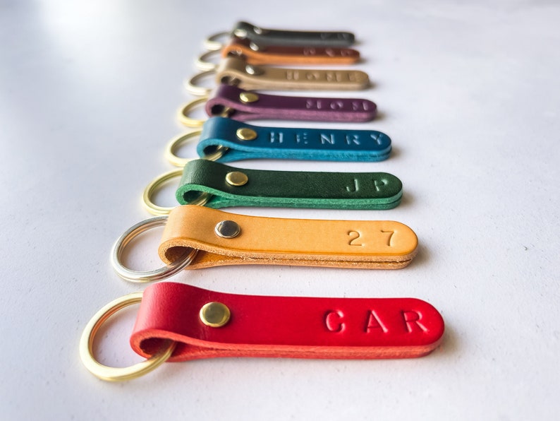 Personalised Leather Keyring Keychain Key Fob | Custom Stamped Initial Keychain | Gift for Her Him | Italian Leather | Handmade in UK