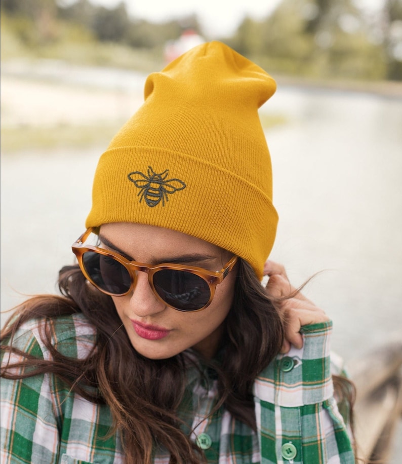 Honey Bee Embroidered Knit Cuffed Beanie Unisex | Honey Bee gifts | Beanie gifts - Free Shipping