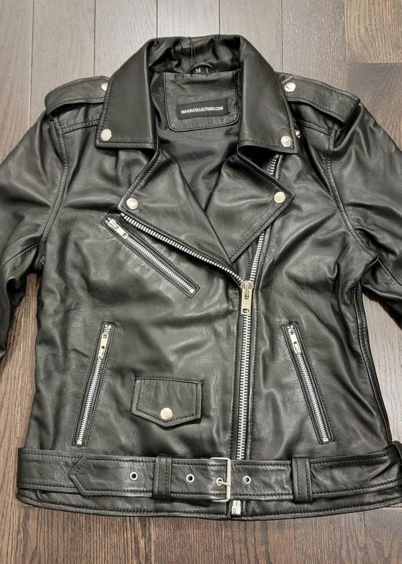 Woman black leather jacket made with 100% original lambskin leather