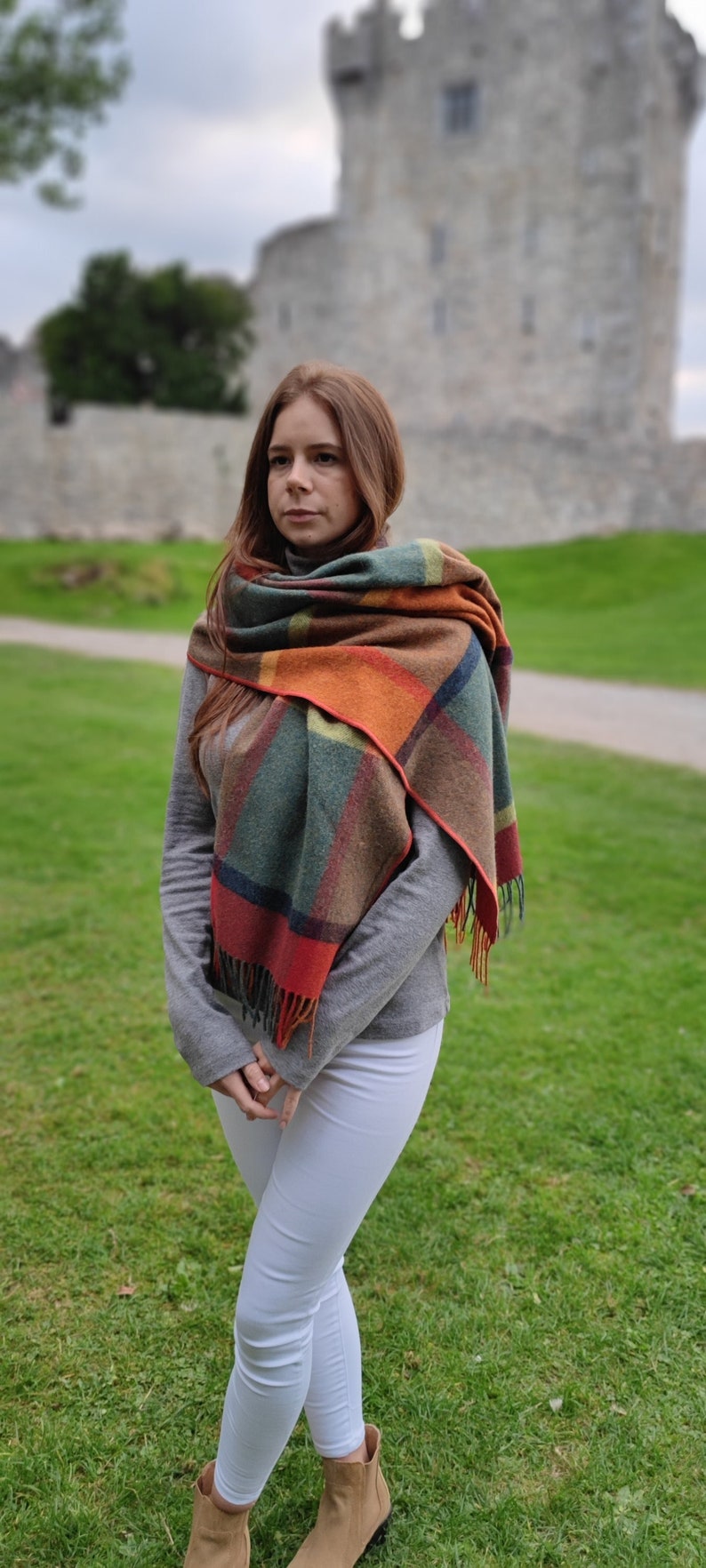 Irish Soft Lambswool Shawl, Blanket Scarf, Stole - Orange/Green/Yellow/Wine Check - 100% Wool - 71"X20"(180cm x 50cm) - HANDMADE IN IRELAND