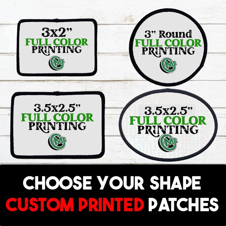 Custom Iron On Patches | Choose Your Shape, Custom Made Printed Patches with Black Border, adhesive backing, add your logo, add your photo