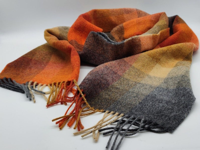 Irish Soft Lambswool Scarf - 100% Pure New Wool- Orange/Grey/Yellow Shadow Block Check -Unisex- 10" X 78" (25cmX200cm)- HANDMADE IN IRELAND