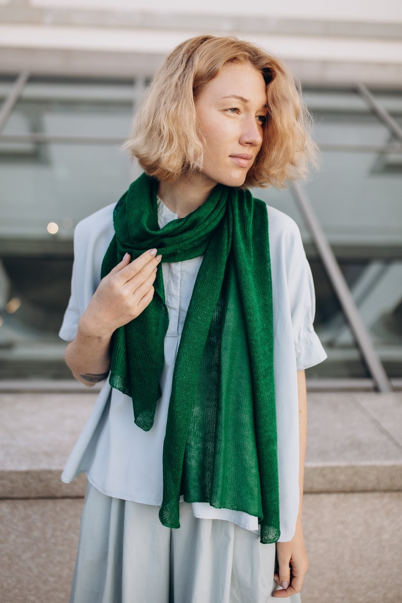 Green scarf knitted from natural linen, Birthday gift for her him, Sustainable women accessory