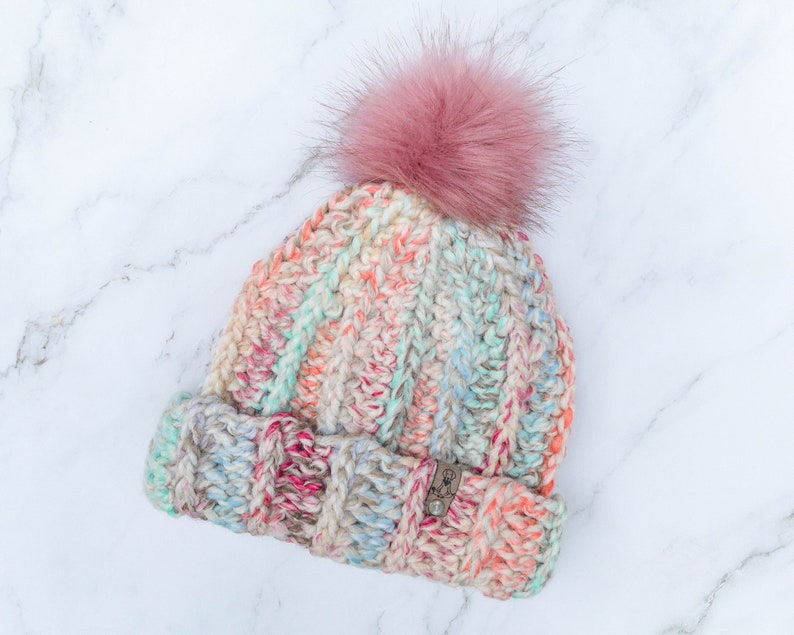 Marie chunky ribbed child and toddler sized beanie hat - multiple hat and pom pom colors available